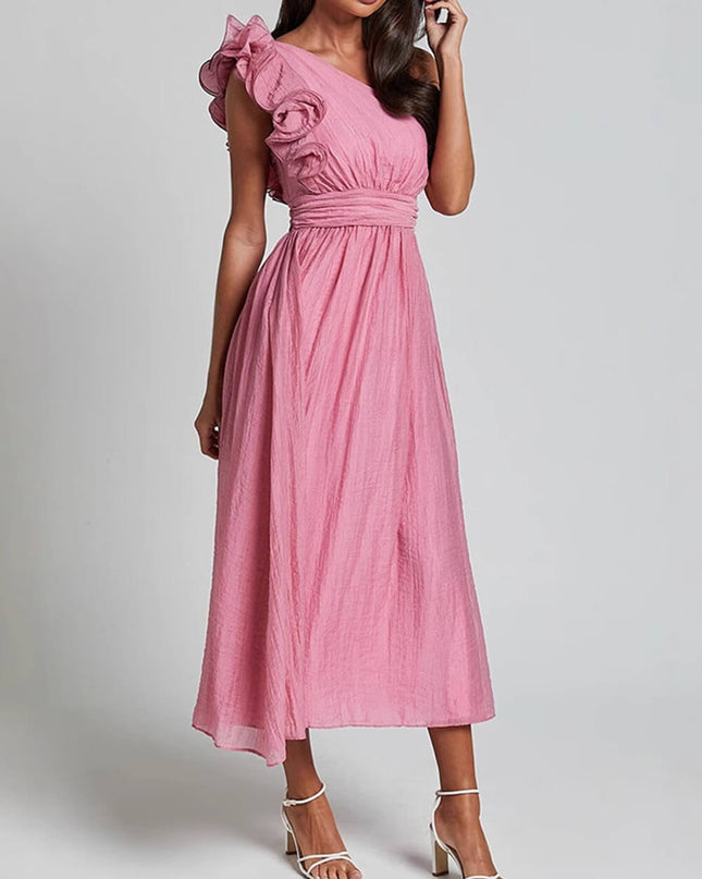 Unique Romantic Seaside One Shoulder Frill Detail Sleeve Layered Midi Dress