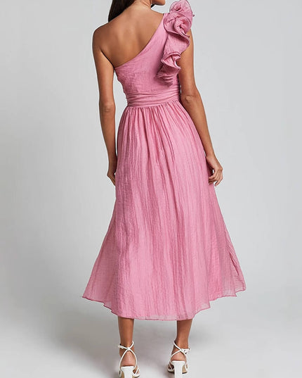 Unique Romantic Seaside One Shoulder Frill Detail Sleeve Layered Midi Dress