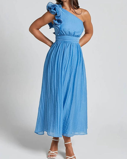 Unique Romantic Seaside One Shoulder Frill Detail Sleeve Layered Midi Dress