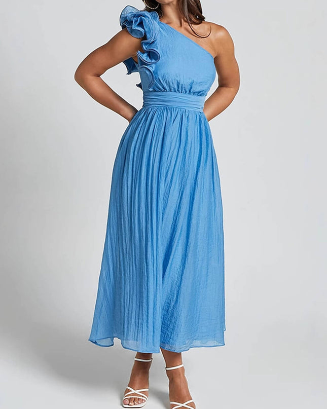 Unique Romantic Seaside One Shoulder Frill Detail Sleeve Layered Midi Dress