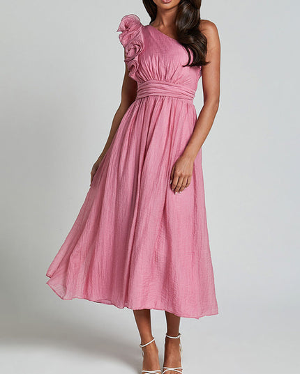 Unique Romantic Seaside One Shoulder Frill Detail Sleeve Layered Midi Dress