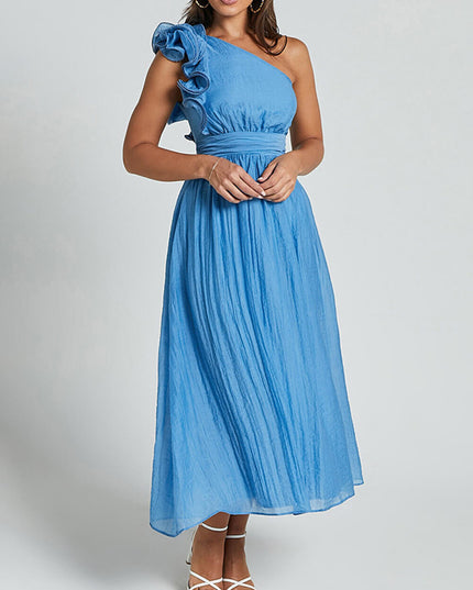 Unique Romantic Seaside One Shoulder Frill Detail Sleeve Layered Midi Dress