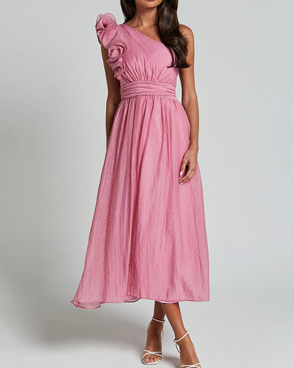 Unique Romantic Seaside One Shoulder Frill Detail Sleeve Layered Midi Dress