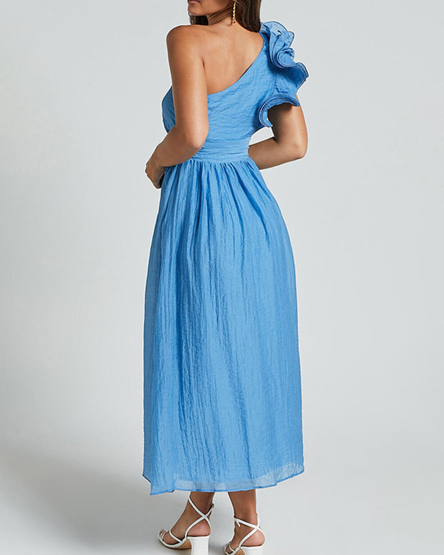 Unique Romantic Seaside One Shoulder Frill Detail Sleeve Layered Midi Dress