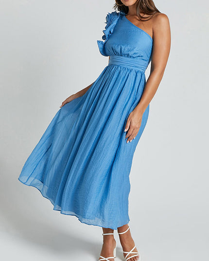 Unique Romantic Seaside One Shoulder Frill Detail Sleeve Layered Midi Dress