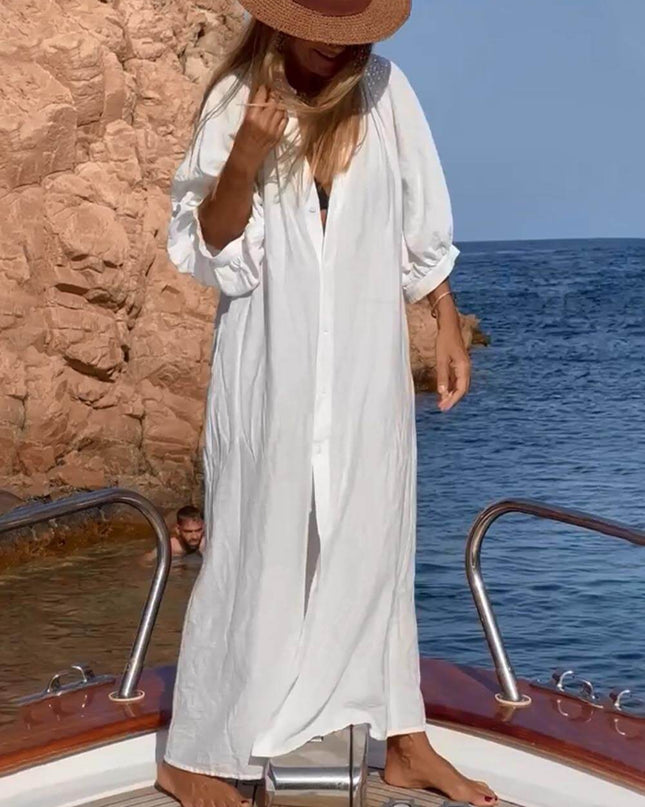"Yacht Day" White Linen Button-Front Maxi Cover-Up