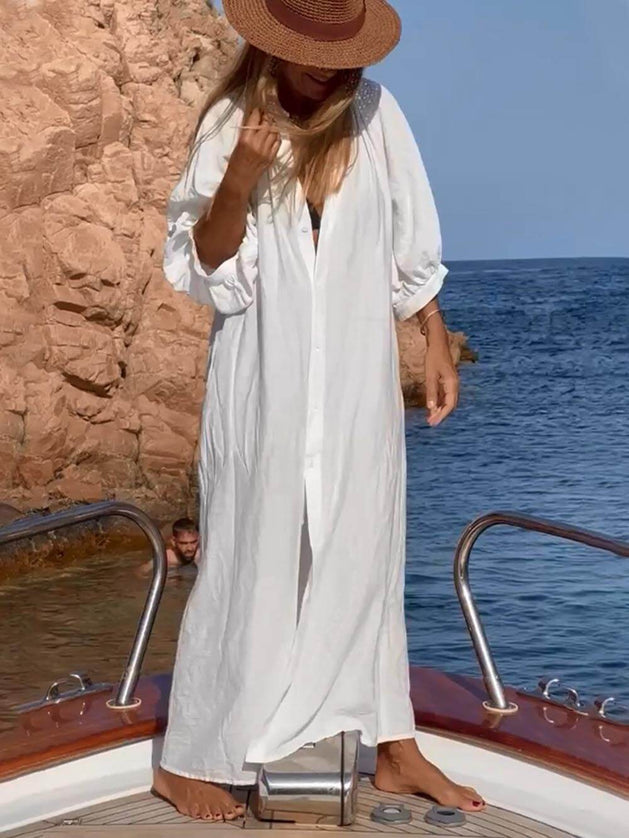 "Yacht Day" White Linen Button-Front Maxi Cover-Up