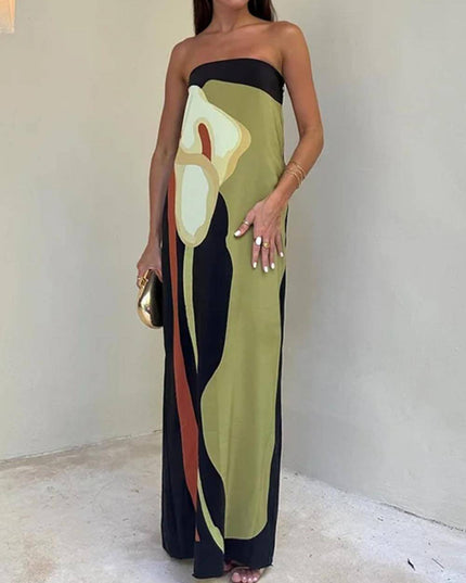 Fashion Contrast Sleeveless Off Shoulder Printed Maxi Dress