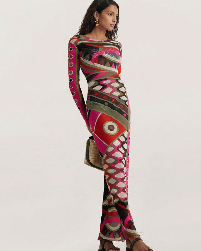 Pink Multicolor Retro Print Mesh Maxi Dress