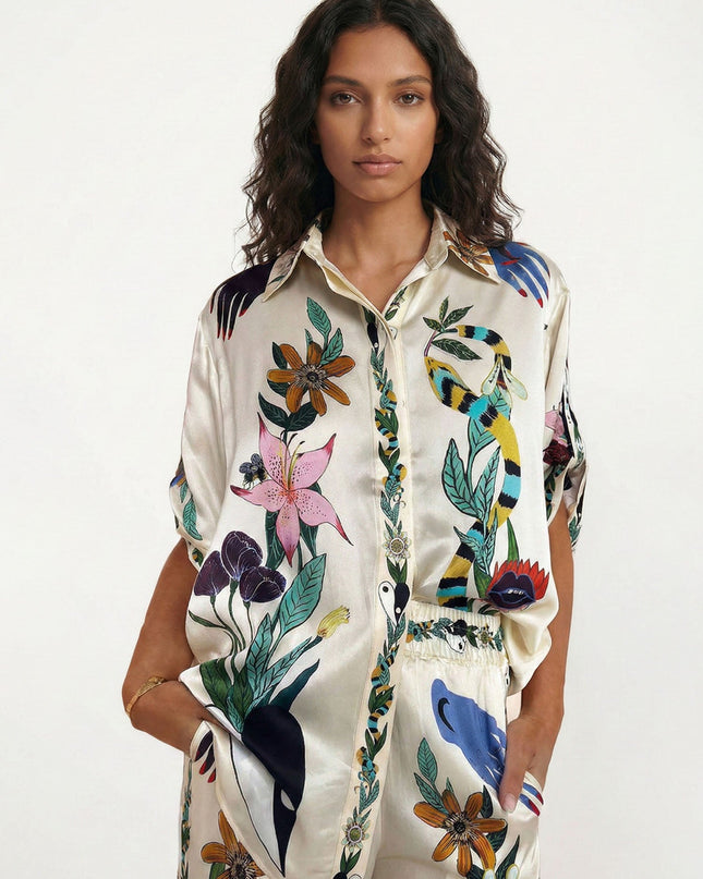 "Botanical Myth" Cream Satin Floral Print Set