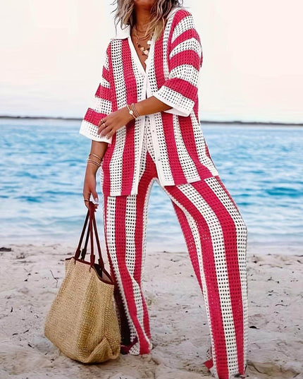 Fashion Loose V-Neck Hollow Out Striped Shirt Wide Leg Pants Set