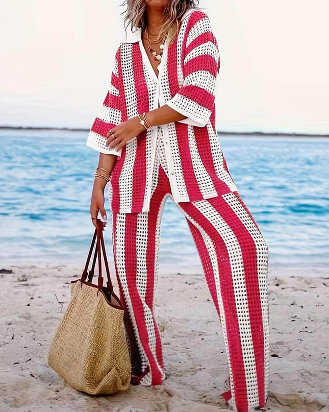 Fashion Loose V-Neck Hollow Out Striped Shirt Wide Leg Pants Set