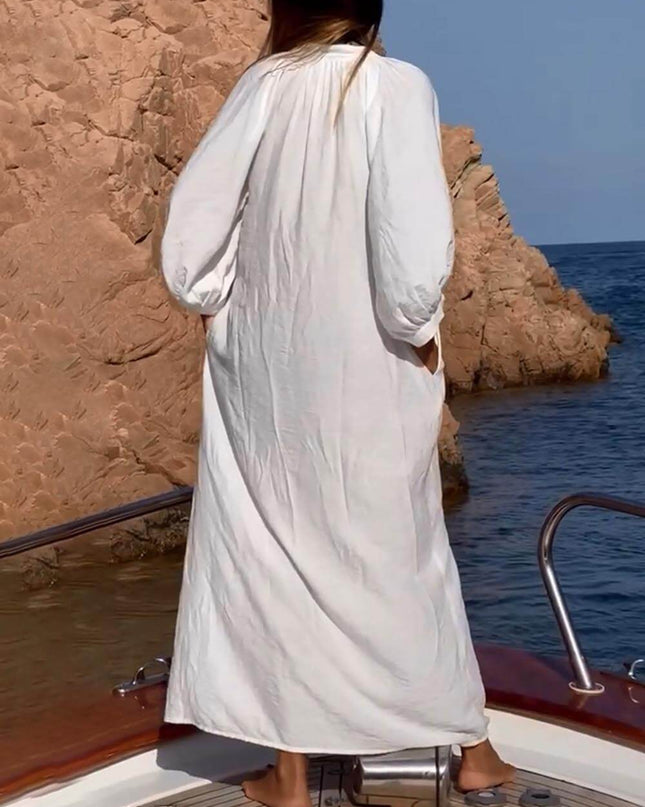 "Yacht Day" White Linen Button-Front Maxi Cover-Up