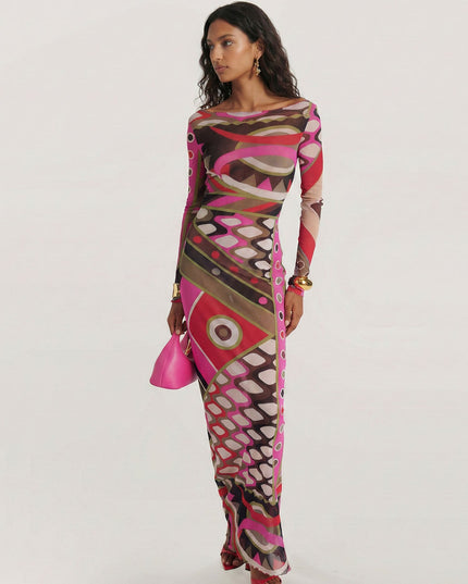 Pink Multicolor Retro Print Mesh Maxi Dress