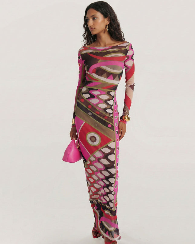 Pink Multicolor Retro Print Mesh Maxi Dress