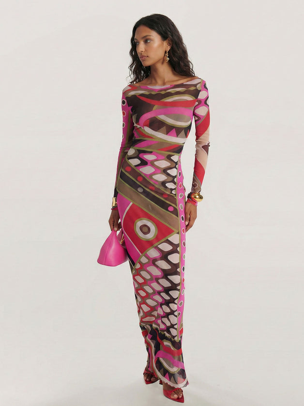 Pink Multicolor Retro Print Mesh Maxi Dress