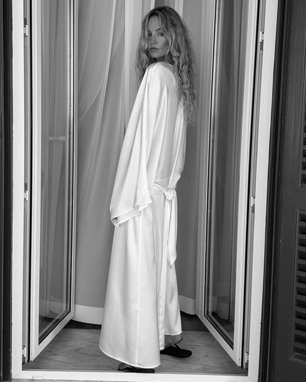 "Coastal Serenity" White Satin Batwing Sleeve Maxi Dress