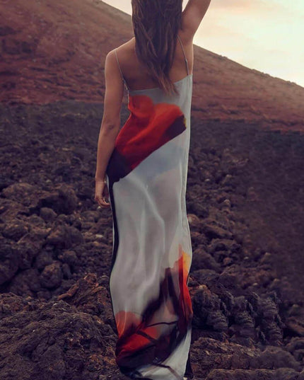 "Ember Bloom" Red Ombré Floral Print Spaghetti Strap Maxi Dress