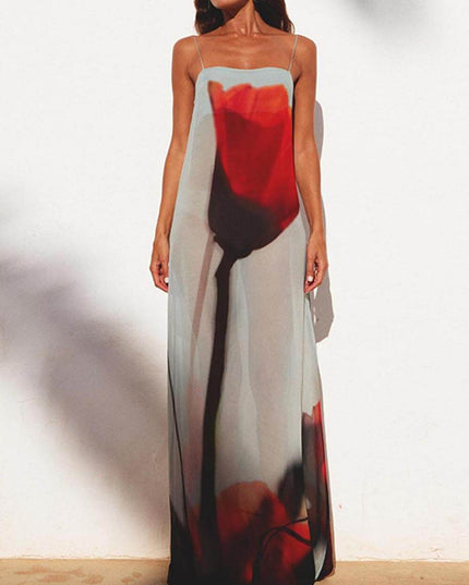 "Ember Bloom" Red Ombré Floral Print Spaghetti Strap Maxi Dress