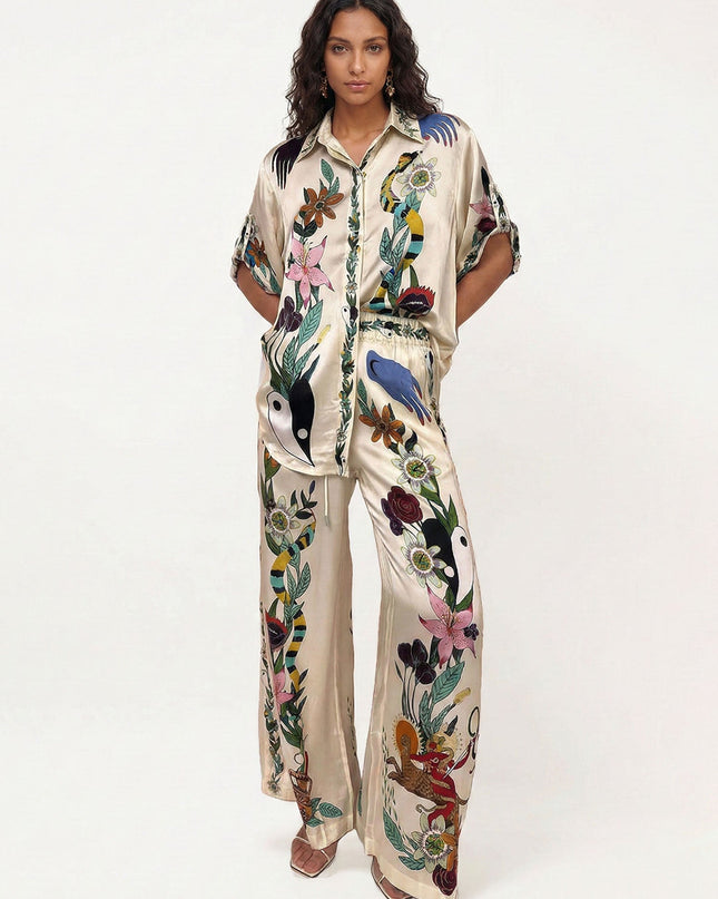 "Botanical Myth" Cream Satin Floral Print Set