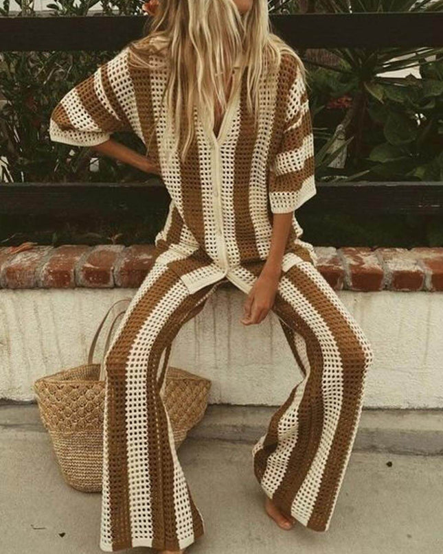 Fashion Loose V-Neck Hollow Out Striped Shirt Wide Leg Pants Set