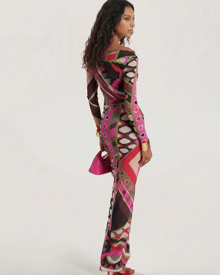 Pink Multicolor Retro Print Mesh Maxi Dress
