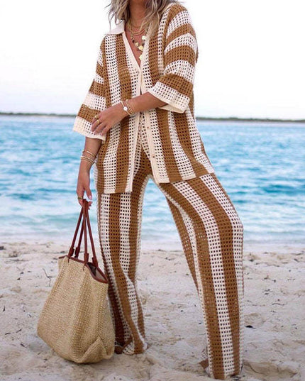 Fashion Loose V-Neck Hollow Out Striped Shirt Wide Leg Pants Set
