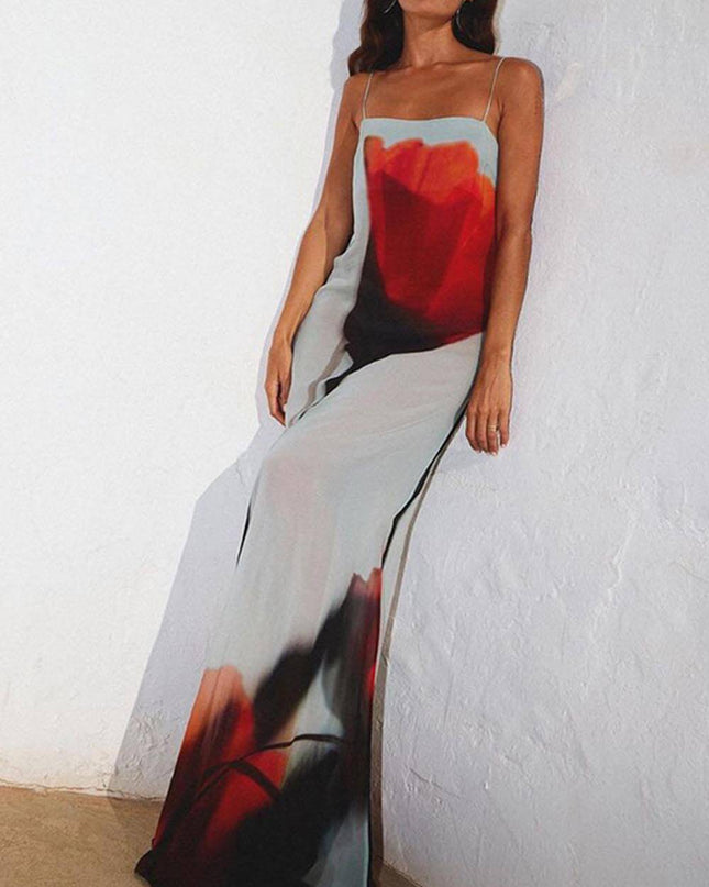 "Ember Bloom" Red Ombré Floral Print Spaghetti Strap Maxi Dress