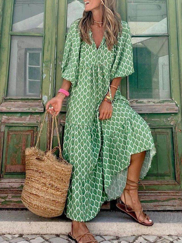 bohemian print maxi dress Pink Floral Print Maxi Dress - V-Neck Summer Long Dress in Pink - Women's Boho Fashion Flared, A-line