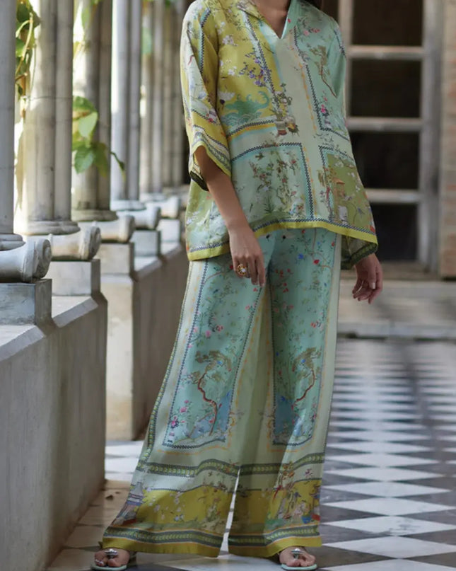 Vintage Map Print Satin Two-Piece Set