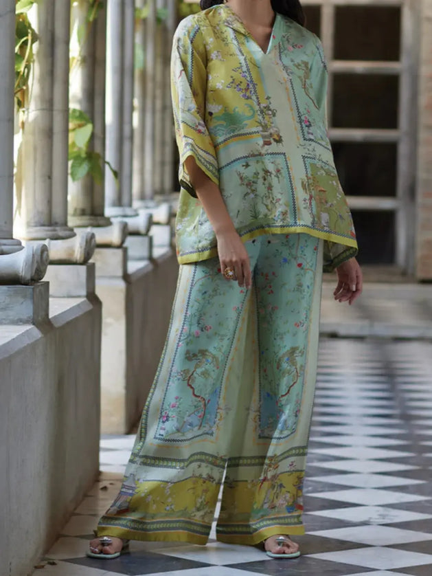 Vintage Map Print Satin Two-Piece Set