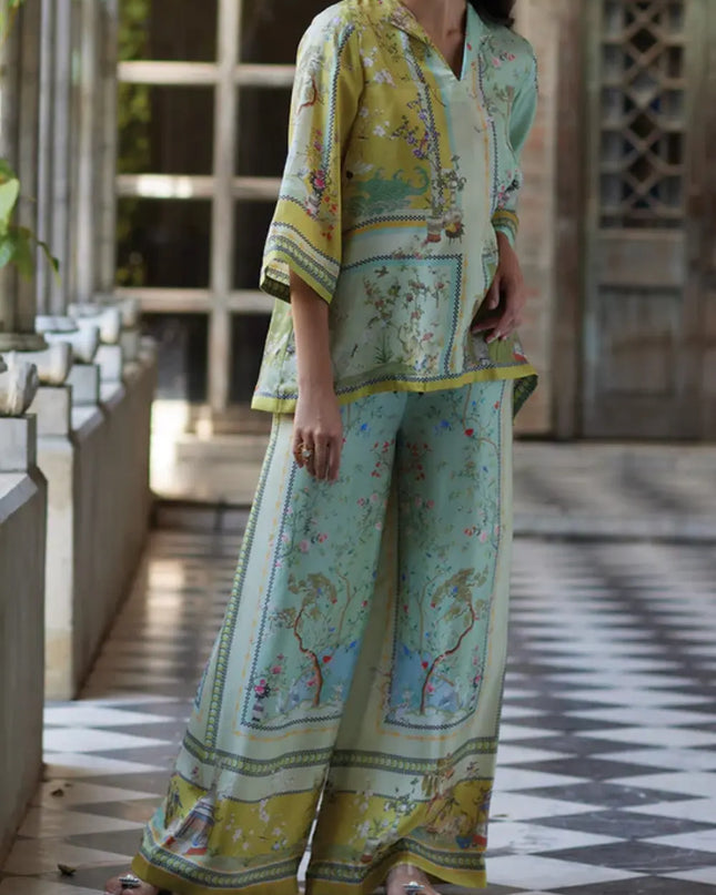 Vintage Map Print Satin Two-Piece Set