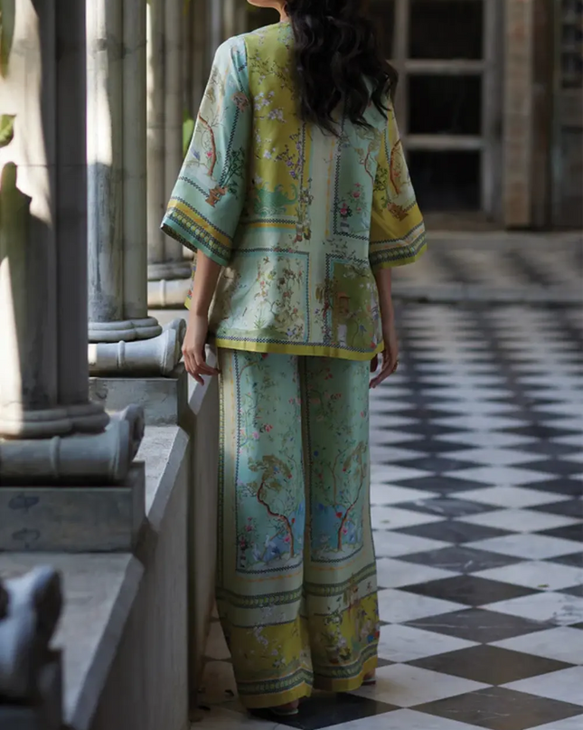 Vintage Map Print Satin Two-Piece Set