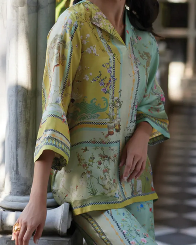 Vintage Map Print Satin Two-Piece Set