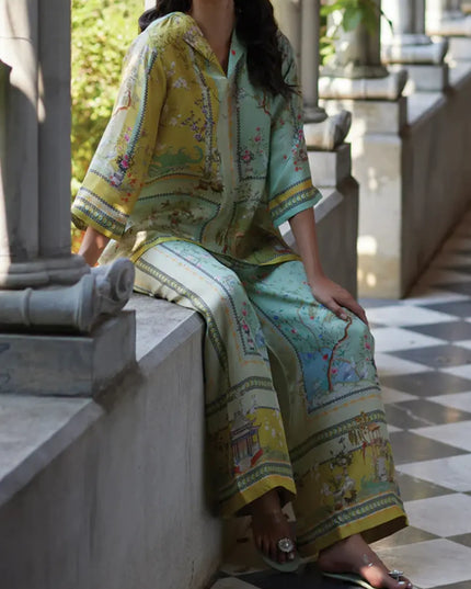 Vintage Map Print Satin Two-Piece Set