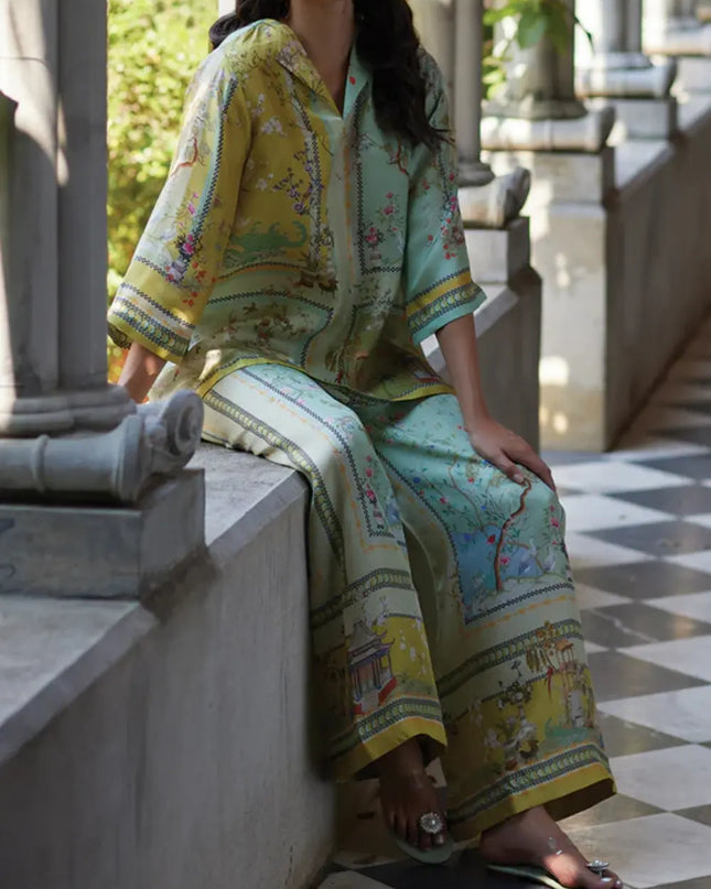 Vintage Map Print Satin Two-Piece Set