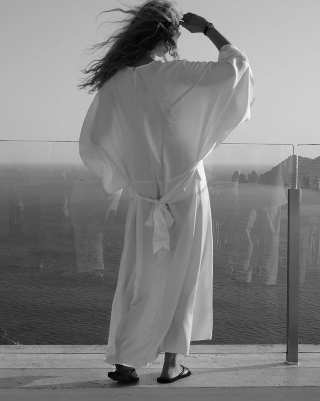 "Coastal Serenity" White Satin Batwing Sleeve Maxi Dress