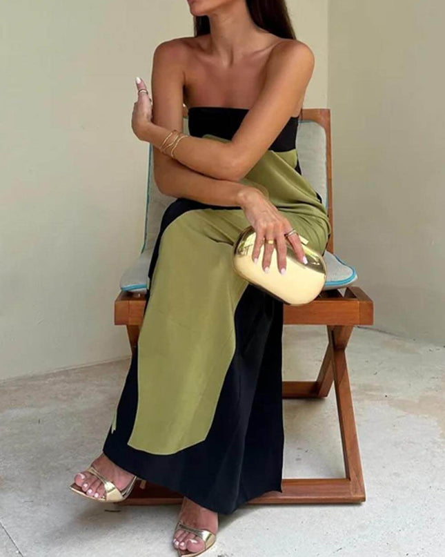 Fashion Contrast Sleeveless Off Shoulder Printed Maxi Dress