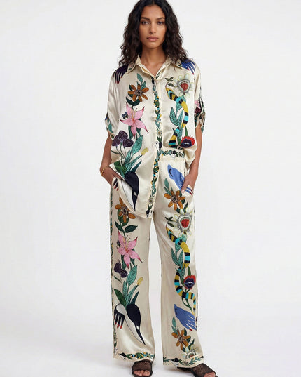 "Botanical Myth" Cream Satin Floral Print Set