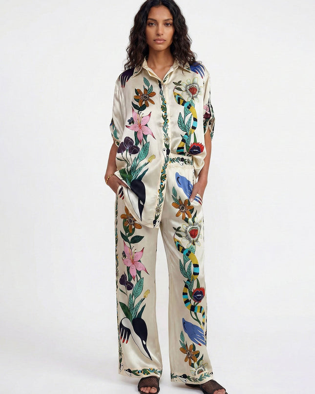 "Botanical Myth" Cream Satin Floral Print Set