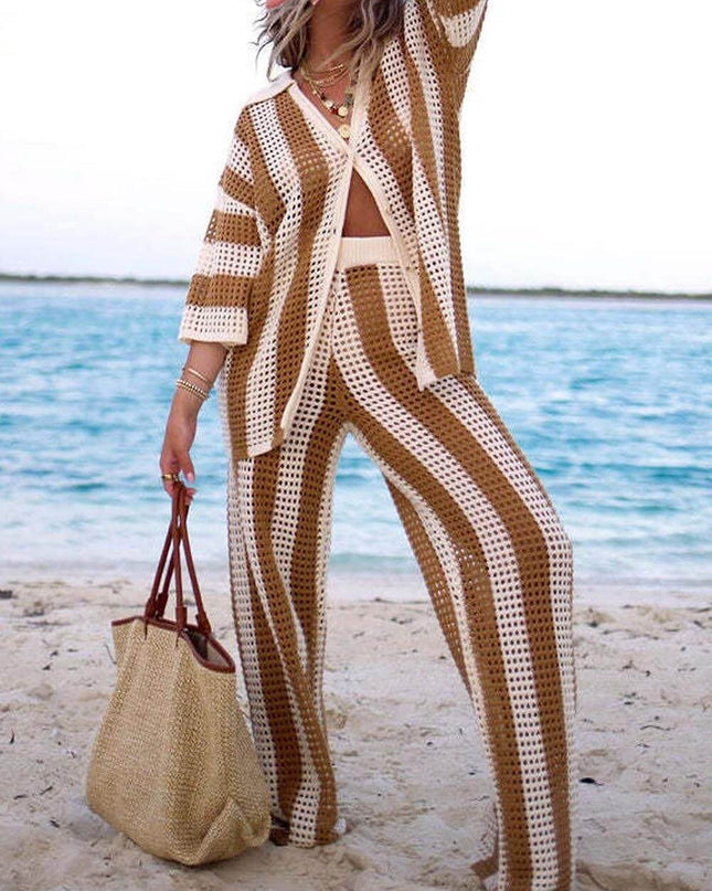 Fashion Loose V-Neck Hollow Out Striped Shirt Wide Leg Pants Set