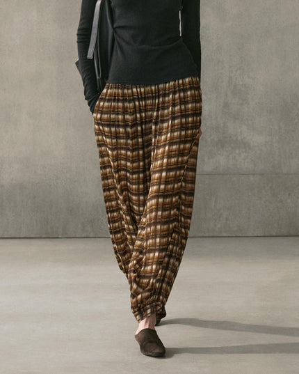 Brown Plaid Halter Top & Balloon Pants Two-Piece Set
