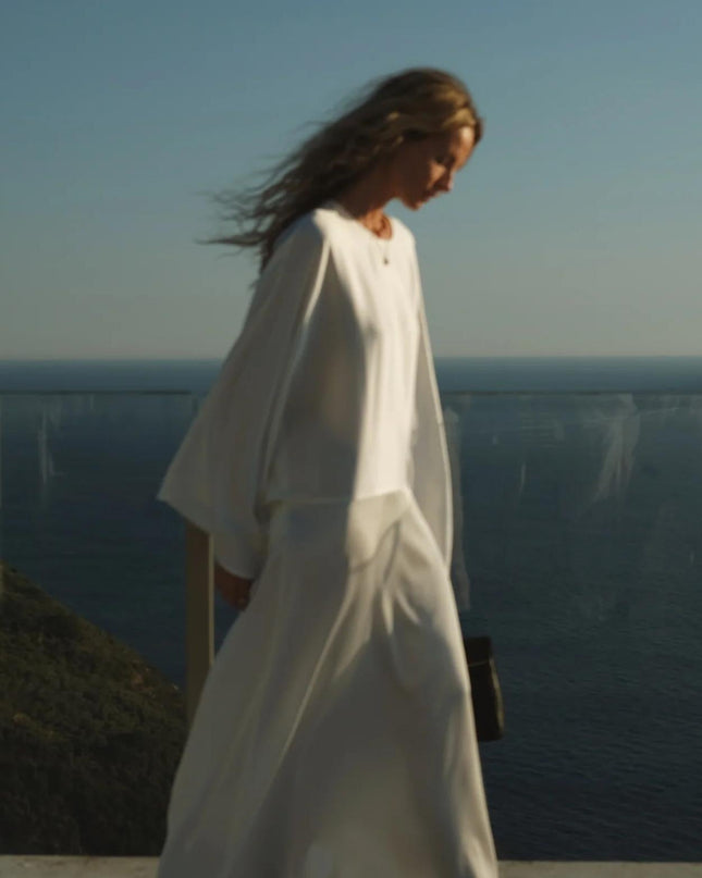 "Coastal Serenity" White Satin Batwing Sleeve Maxi Dress