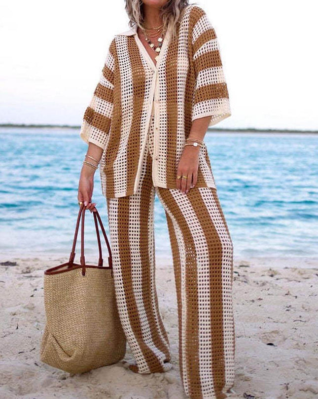 Fashion Loose V-Neck Hollow Out Striped Shirt Wide Leg Pants Set