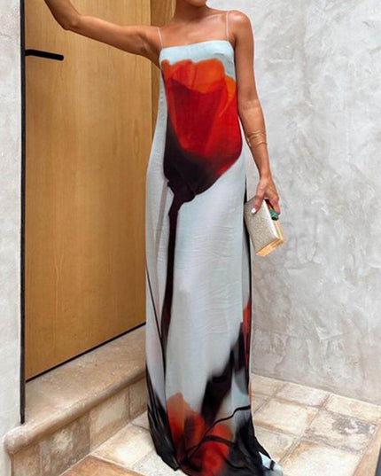 "Ember Bloom" Red Ombré Floral Print Spaghetti Strap Maxi Dress