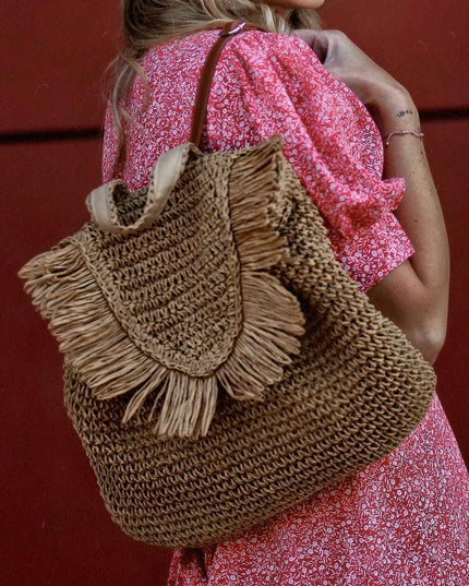Caramel Fringed Trim Woven Straw Backpack