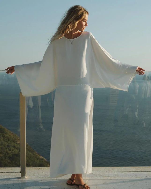 "Coastal Serenity" White Satin Batwing Sleeve Maxi Dress