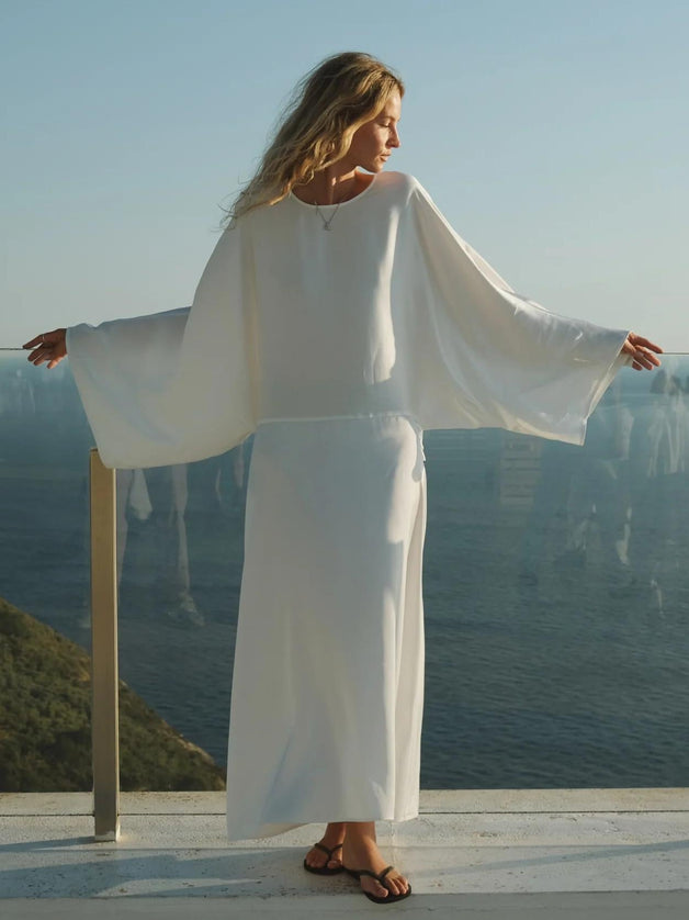 "Coastal Serenity" White Satin Batwing Sleeve Maxi Dress