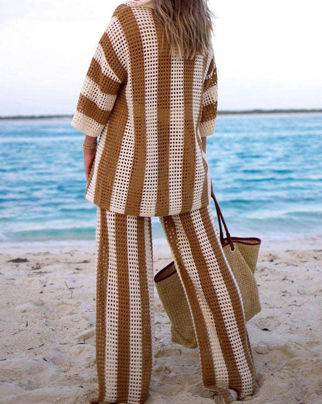 Fashion Loose V-Neck Hollow Out Striped Shirt Wide Leg Pants Set
