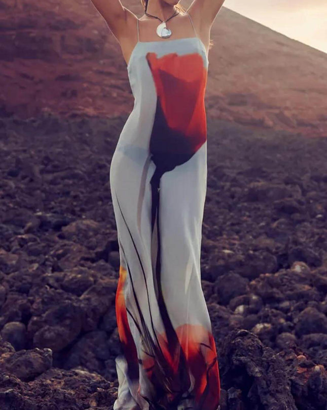 "Ember Bloom" Red Ombré Floral Print Spaghetti Strap Maxi Dress
